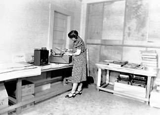 Sidney Robertson Cowell at the phonograph